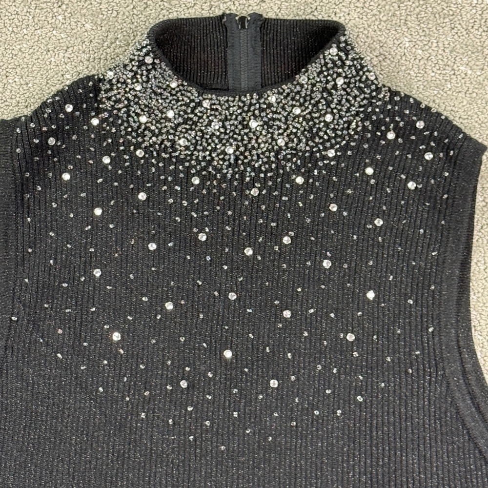 Vintage Gantos Womens M Black Beaded Mock Neck Sleeveless Sweater 90s Glam